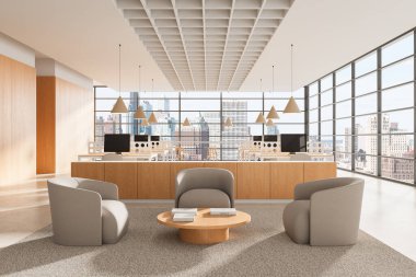 Şehir manzaralı arka planda nötr renkli sandalyeler, ahşap mobilyalar ve kolye ışıkları olan çağdaş ofis içi. Modern iş yeri kavramı. 3B Hazırlama