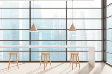 Minimalist iç tasarım ahşap tabureler ve beyaz masa önünde büyük cam pencereler, şehir manzarası arka plan, modern çalışma alanı konsepti, 3D oluşturma