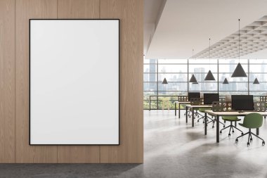 Ahşap desenli duvardaki boş dikey poster modeli ofis içi, modern tasarım tarzı, parlak arka plan, temiz sunum konsepti. 3B Hazırlama