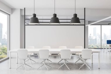 Sandalyeleri ve masası olan beyaz toplantı odası, modern minimal stil, şehir manzarası arka planını gösteren geniş pencereler, temiz çalışma alanı kavramı. 3B Hazırlama