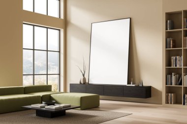 Duvara yaslanmış büyük boş poster modelleri, minimalist mobilyalar ve dekorlar, sıcak ışık tonları, temiz bir düzen. 3B Hazırlama