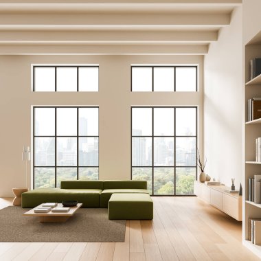 Modern oturma odasının içinde yeşil modüler kanepe, ahşap mobilya şehir manzaralı büyük pencereler, minimalist tasarım tarzı. 3B Hazırlama