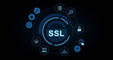 Kilit, sunucu ve internet sembollerini de içeren dijital güvenlik simgelerine sahip SSL şifreleme kavramı koyu arkaplanda parlayan mavi tarzda. 3B Hazırlama