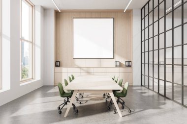 Ahşap bir konferans masası, yeşil döner sandalyeler, parlak bir arka planda minimalist stil. Çalışma alanı tasarımı kavramı. 3B Hazırlama