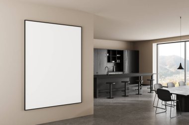 Modern mutfak ve yemek odasındaki bej duvarda ince çerçeveli büyük boş poster, minimalist stil, beton zemin, 3D döşeme