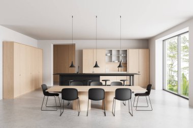 Zarif modern mutfak ve yemek odasının içinde hafif ahşap dolaplar, minimalist tasarım tarzı, büyük pencereler ve kolye ışıkları var. 3B Hazırlama