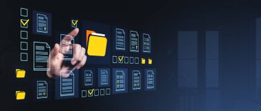 Elin dijital belge yönetim sistemi, modern grafik tarzı, karanlık ofis arka planı, online dosya organizasyonu kavramı ile etkileşimi