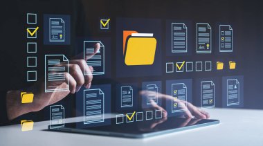 El etkileşimi, dijital tarz, karanlık arkaplan, çevrimiçi dosya ve dizin depolama teknolojisi kavramına sahip sanal belge yönetim sistemi