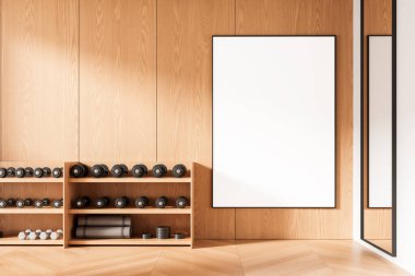 Salonun iç tarafındaki ahşap bir duvarda, halter askıları, yoga paspasları, ahşap döşemeler, minimalist fitness konsepti, 3D rendering