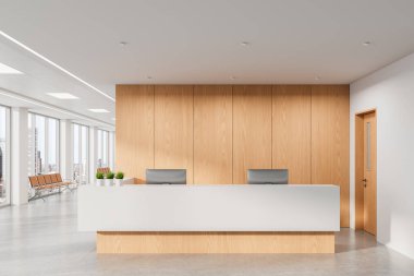 Ahşap kaplama duvarlı şaşaalı kabul masası, modern iç tasarım tarzı, parlak ofis geçmişi, şirket alanı kavramı. 3B Hazırlama