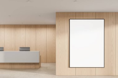Açık ahşap duvar panelleri ve masa ile aydınlık modern resepsiyonda çerçevelenmiş boş poster modeli, reklam veya ürün sergisi için temiz tasarım. 3B Hazırlama