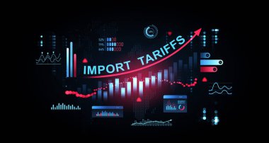 Yükselen ithalat tarifeleri, yükselen bir okla temsil ediliyor. Ekonomik grafikler, karanlık arka planda fütüristik dijital grafikler, küresel ekonomi kavramı, 3D yorumlama.