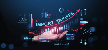İş adamı elinde sanal ithalat tarifeleri büyüme tablosu, fütüristik grafik tarzı, koyu mavi arka plan, ticaret savaşı ve ekonomik büyüme kavramı