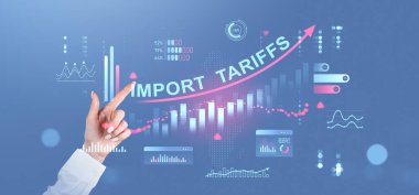 Ticari büyüme ve ekonomiyi sembolize eden mavi arka planda, mali grafikler ve grafiklerle çevrili, yükselen okla İthalat Gümrük İthalat metnine el işareti