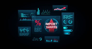 Koyu arkaplan, küresel ticaret analizi konsepti, 3D Renderleme ile parlayan grafikler, grafikler ve istatistikler içeren ithalat tarifeleri verilerini gösteren gelecekçi ekonomik gösterge paneli