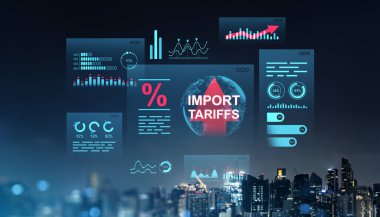 Dijital arayüz, ithalat tarifelerini ve ekonomik veri grafiklerini karanlık şehir silueti arkaplanı, küresel ekonomi konsepti üzerinden gelecekçi bir tarzda gösteriyor