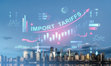 Üst üste bindirilmiş ekonomik grafikler, grafikler ve ithalat tarifeleri kavramlarıyla gökyüzü arkaplanı açık mavi ve küresel ticareti temsil ediyor.