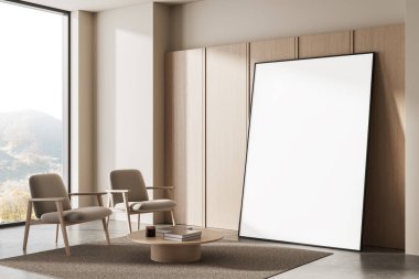 Ahşap bir duvara dayanan ince çerçeveli büyük boş poster modeli, koltuklu rahat modern oturma odası, kahve masası, büyük pencere, 3D görüntüleme.