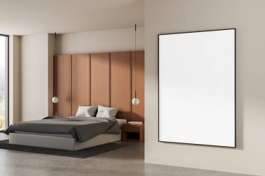 Modern yatak odasının içi, bej bir duvarda boş bir poster modeli, minimalist mobilyalar, ahşap yatak başlığı, yumuşak ışıklandırma, rahat atmosfer, 3D görüntüleme.