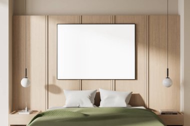 Yeşil battaniyeli, beyaz yastıklı, boş poster modeli, modern ahşap yatak başlığı arka planı, minimalist yatak odası sanatı konsepti, 3D görüntüleme.