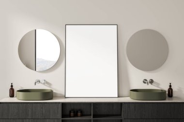 İki yuvarlak ayna ve temiz bir duvar arkasında iki yeşil lavabo arasında boş poster modeliyle çağdaş banyo düzeneği. 3B Hazırlama