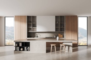 Modern minimalist mutfak hafif ahşap dolaplar, beton tezgahlar, dekorlu açık raflar, büyük pencereler, İskandinav tasarımı, 3 boyutlu tasarım