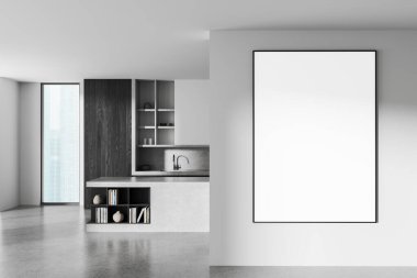 Beton dokuları olan minimalist bir mutfak, temiz beyaz bir duvara çerçevelenmiş büyük, boş bir poster modeli, modern iç mekan kavramı. 3B Hazırlama