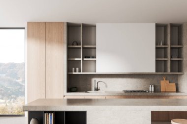 Işıklı ahşap dolaplarla modern mutfak, beton raflar ve taş tezgah, parlak doğal arka plan, minimalizm konsepti, 3D canlandırma