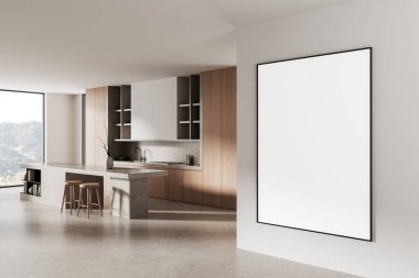 Modern mutfak iç dekorasyonunda beyaz duvara boş çerçeveli poster modeli. Minimalist ahşap ve beton mobilyalar, temiz düzen, doğal ışık, 3D canlandırma.