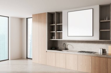 İçinde hafif ahşap dolaplar, beton tezgahlar, duvarda büyük boş bir çerçeve, minimalist stil, uzun pencereler, şehir manzarası olan modern mutfak. 3B Hazırlama