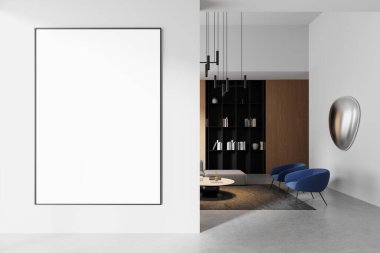 Zarif modern iç mekan, minimalist stil, beton zemin zemin zemin zemin zemin, tasarım konsepti gibi temiz beyaz duvara boş poster çerçevesi. 3B Hazırlama