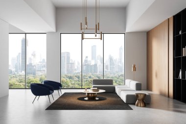 Panoramik pencereleri, minimalist mobilyaları ve şehir manzarası 3 boyutlu tasarım konseptiyle modern bir oturma odasının iç tasarımı