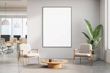 İki minimalist sandalyeli, yuvarlak ahşap masa ve geniş bir pencerenin yanında saksı bitkisi olan şık ofis odasındaki boş poster modeli. 3B Hazırlama