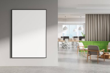 Modern ofis içi, minimalist tarz, hafif arkaplan, reklamcılık ve tasarım konsepti, 3D tasarım, gri duvarda boş poster modeli.