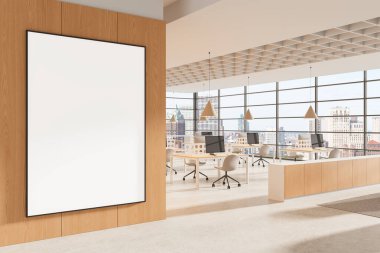 Boş poster çerçeve modeli parlak ofis içi aydınlık ahşap duvarda, geniş pencereli ve bilgisayarlı modern temiz tasarım. 3B Hazırlama