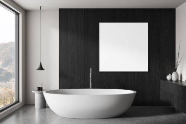 Minimalist banyo, beyaz serbest banyo, siyah ahşap duvarda boş poster modeli, büyük pencereden gelen doğal ışık, 3 boyutlu tasarım, ev dekorasyonu kavramı.