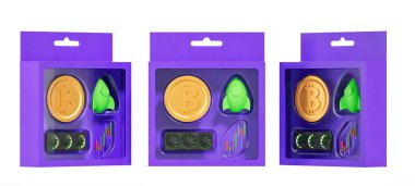 Oyuncak stili Bitcoin para, yeşil roket, GPU ve canlı mor ambalajlı şamdan çizelgesi, şifreleme konseptinin yaratıcı 3D tasarımı