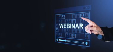 El etkileşimi, fütüristik stil, karanlık eğilim geçmişi, çevrimiçi eğitim ve e-öğrenme kavramına sahip dijital bir webinar arayüzü