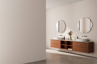 Çağdaş banyo sahnesi ahşap kibir, çift lavabo, hafif arka planda yuvarlak aynalar, poster modeli, şablon veya reklam konsepti için ideal, 3D canlandırma