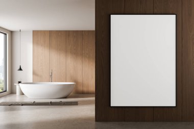 Serbest banyo küveti ve ahşap duvarda boş poster modeli olan minimalist banyo, temiz ve modern iç tasarım konsepti, 3D