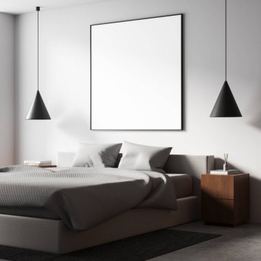 Rahat yatak odası sahnesinde büyük boş çerçeveli bir poster var. Temiz bir duvarda, minimalist mobilyalar ve dekorlar, yumuşak ışıklandırma, üç boyutlu tasarım, modern tasarım konsepti.