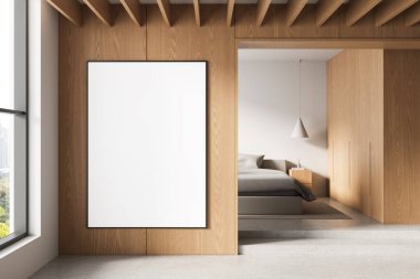 Ahşap duvarda boş bir poster modeli modern minimalist iç mimari yatak odası, temiz beton zemin, büyük pencere, doğal ışıklandırma, 3D döşeme