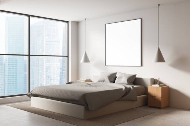Yatağın üstünde boş poster modeli olan rahat bir yatak odası, minimalist stil, geniş şehir manzaralı pencereler, modern dekor konsepti, 3D canlandırma