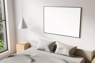 Temiz beyaz duvarında boş poster çerçevesi olan rahat minimalist yatak odası, yumuşak mobilyalar ve nötr tonlar, modern iç tasarım konsepti, 3D tasarım