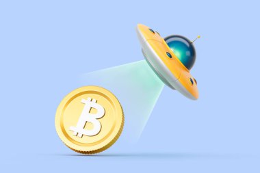 Sarı UFO uzay gemisi parlayan bir kirişle altın bir Bitcoin yakalıyor, 3D rendering stili, pastel mavi arkaplan, kripto para ve teknoloji kavramı