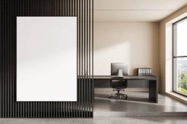 Modern ofis içi büyük boş posterler, bilgisayar masası ve sandalyeli minimalist çalışma alanı, dikey çıkıntılar, parlak arka plan. 3B Hazırlama