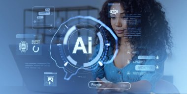 Fütürist yapay zeka hologram arayüzü kullanan bir kadın, modern grafik tarzı, ofis arka planı. Yapay zeka etkileşimi kavramı