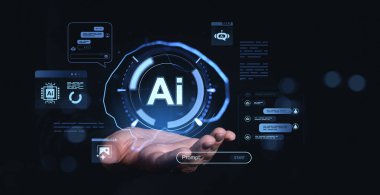 İnsan eli parlayan yapay zeka simgesi dijital arayüz elementleriyle çevrili, karanlık arka planda fütürist teknoloji tarzı, yenilik kavramı