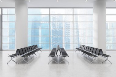 Geniş modern havaalanı içi boş metal ve deri koltuklar, büyük cam pencereler, şehrin ufuk çizgisi manzarası, 3D görüntüleme