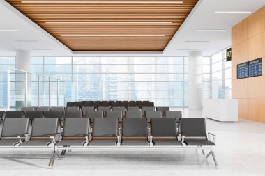 Boş havaalanı bekleme alanı modern oturma odası, ahşap tavan ve parlak bir arka planı olan uçuş panosu. Seyahat ve ulaşım kavramı. 3B Hazırlama